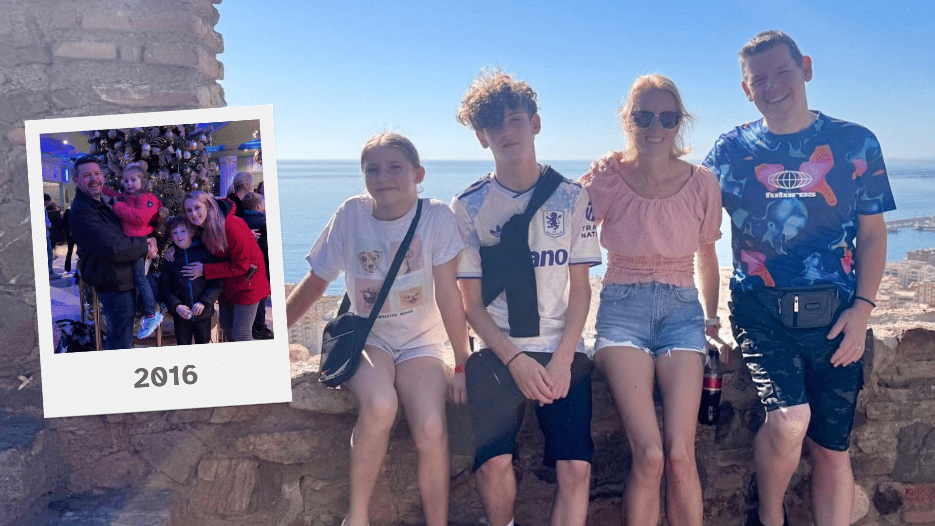 The King family on holiday in 2026 with a polaroid image of the family in 2016